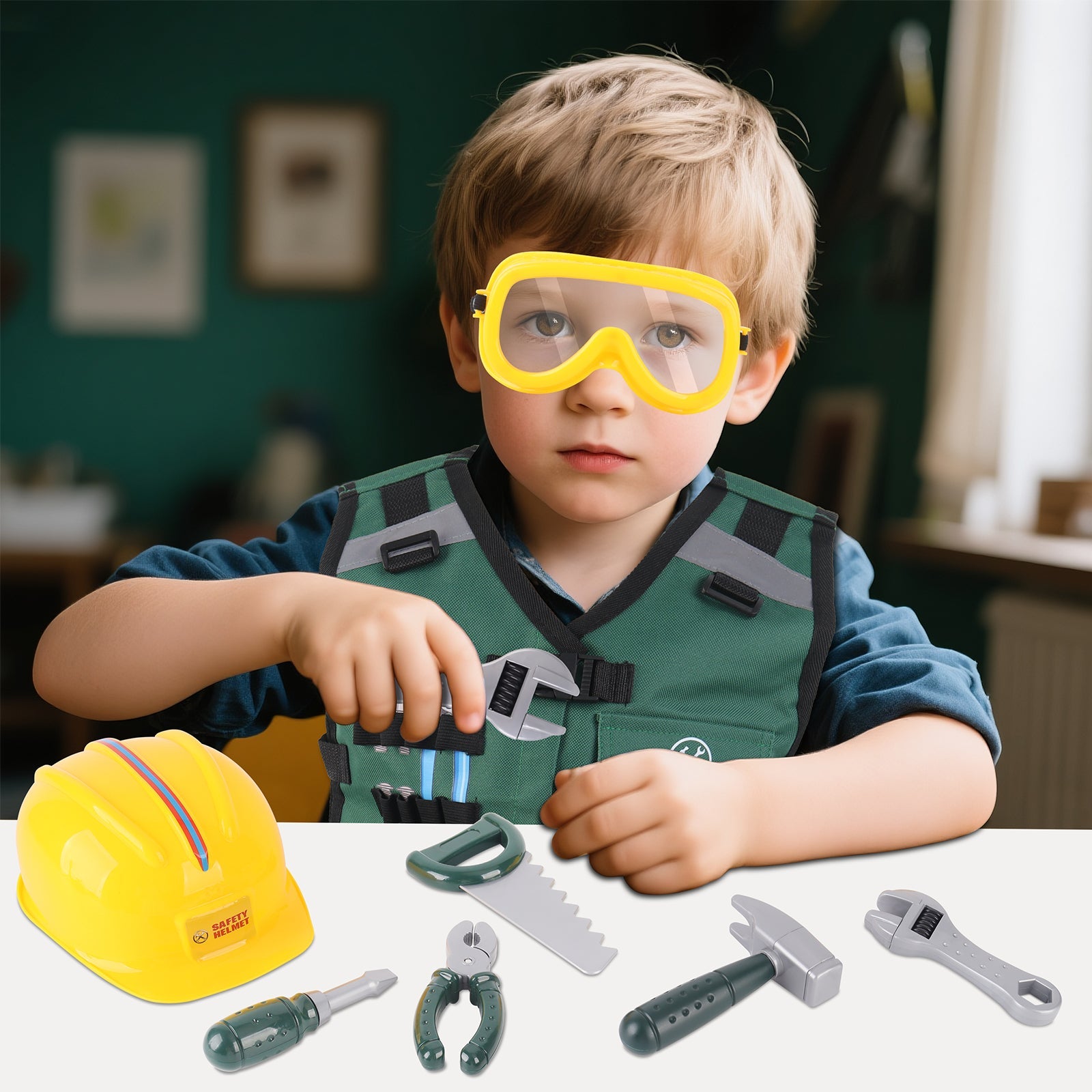 Role Play Clothes Set Construction Role Play Costume Realistic Builder Vest, Safety Helmet, Toy Tools & Accessories- STEM Pretend Play Kit for Boys and Girls Ages 3+ - Dress-Up Gift