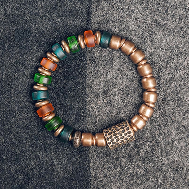 Buddha Stones Tibetan Colorful Glass Beads Copper Wealth Bracelet Bracelet BS 18cm
