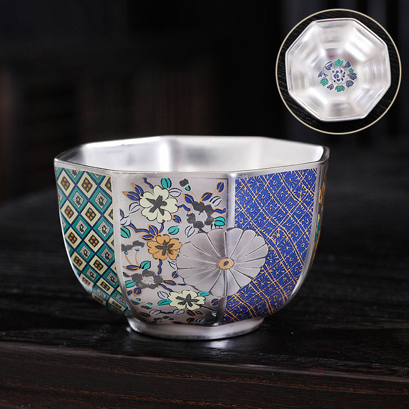 Buddha Stones 999 Sterling Silver Gilding Chrysanthemum Flowers Ceramic Teacup Kung Fu Tea Cup Cup BS Chrysanthemum 8.6cm*5.3cm*165ml
