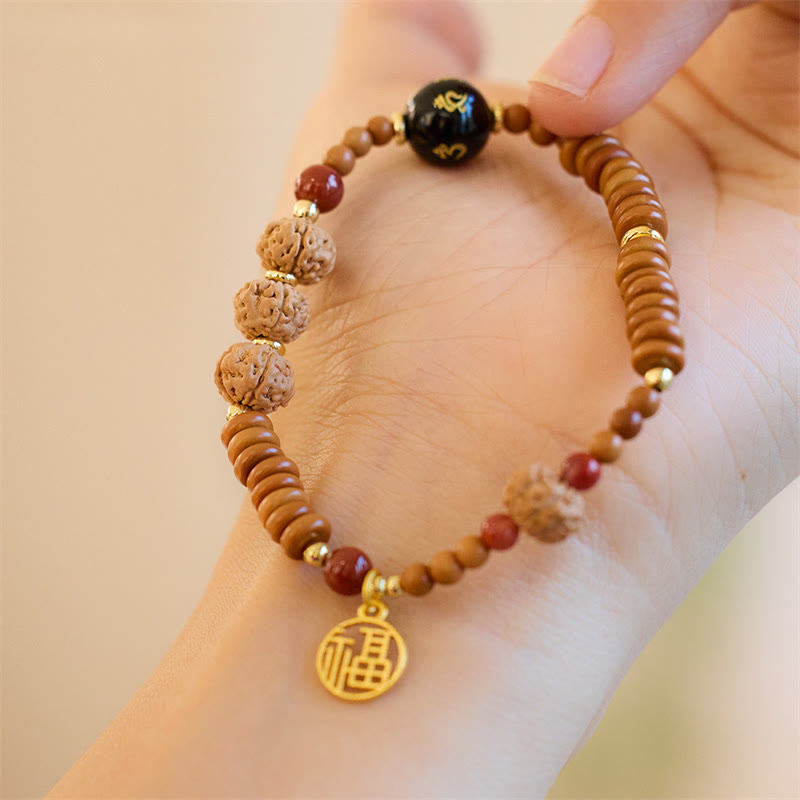 Buddha Stones Tibetan Bodhi Seed Black Onyx Smoky Quartz Om Mani Padme Hum Fu Character Wealth Bracelet Bracelet BS Bodhi Seed Olive Pit Black Onyx(Wrist Circumference 14-16cm)