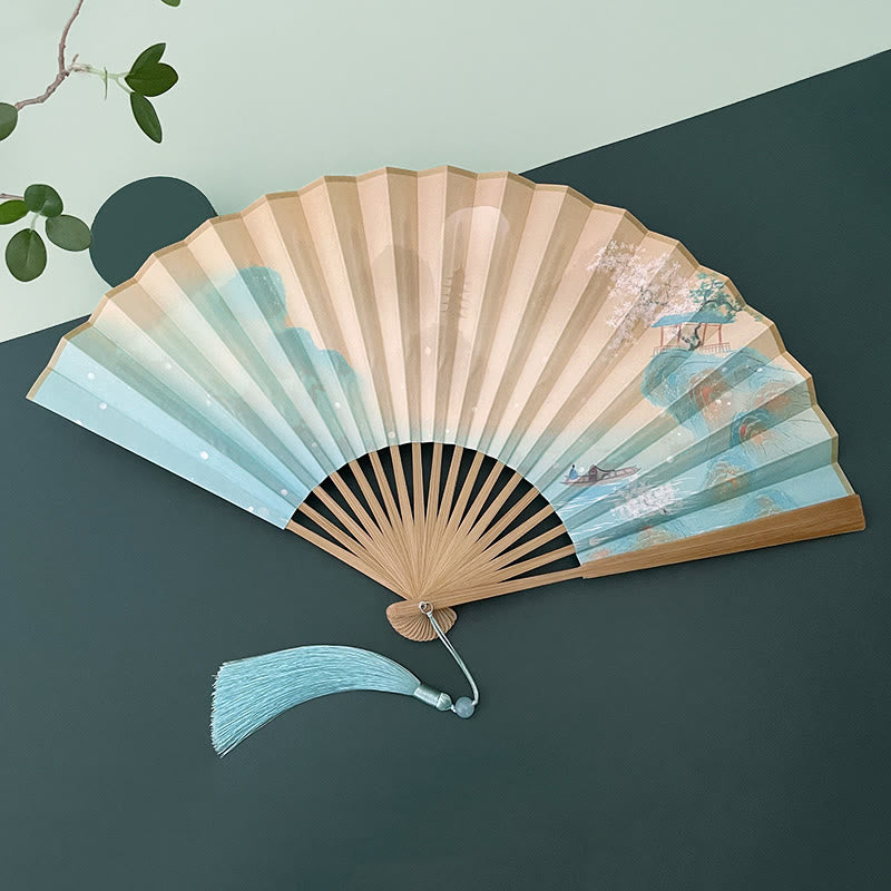 Buddha Stones Retro Lotus Flower Leaf Mountain Lake Handheld Folding Fan With Bamboo Frames Folding Fan BS Peach Blossom Mountain Landscape Brown Bamboo Frames