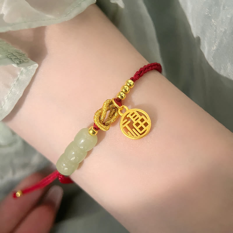 Buddha Stones Handcrafted Jade Bead Fu Character Charm Luck Red Rope Bracelet Bracelet BS 10