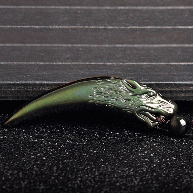 Buddha Stones Natural Black Obsidian Ice Obsidian Rainbow Obsidian Wolf Tooth Pattern Strength Necklace Pendant Necklaces & Pendants BS 17