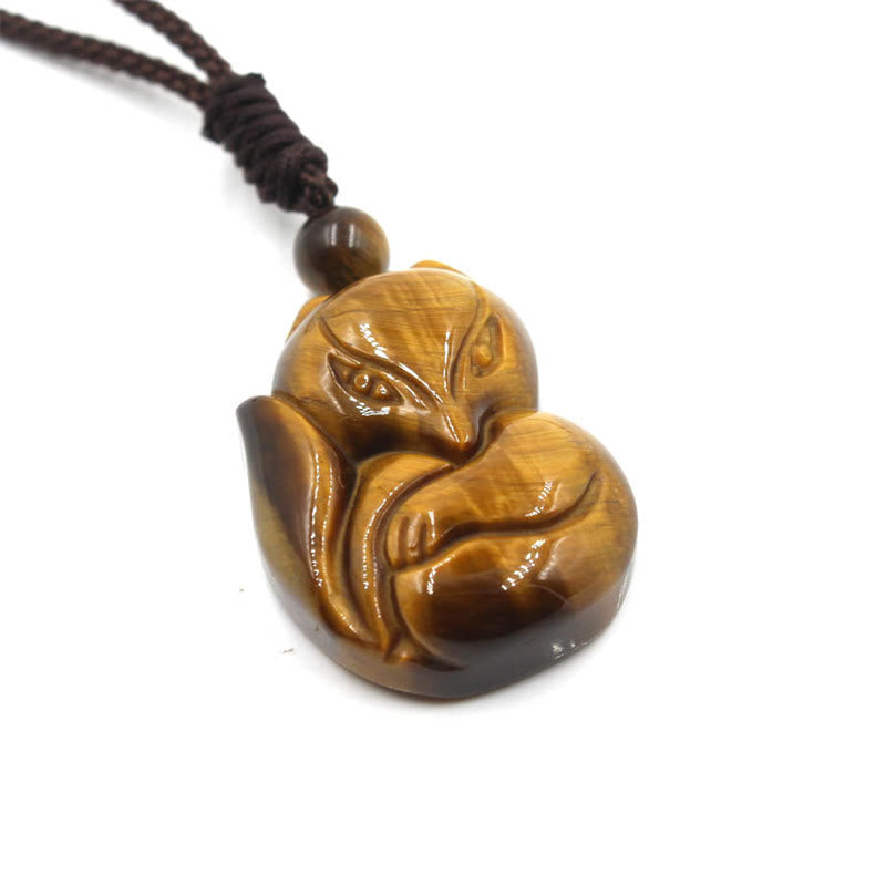 Buddha Stones Natural Black Obsidian Tiger Eye Ice Obsidian Fox Pendant Amulet Necklace Necklaces & Pendants BS 9