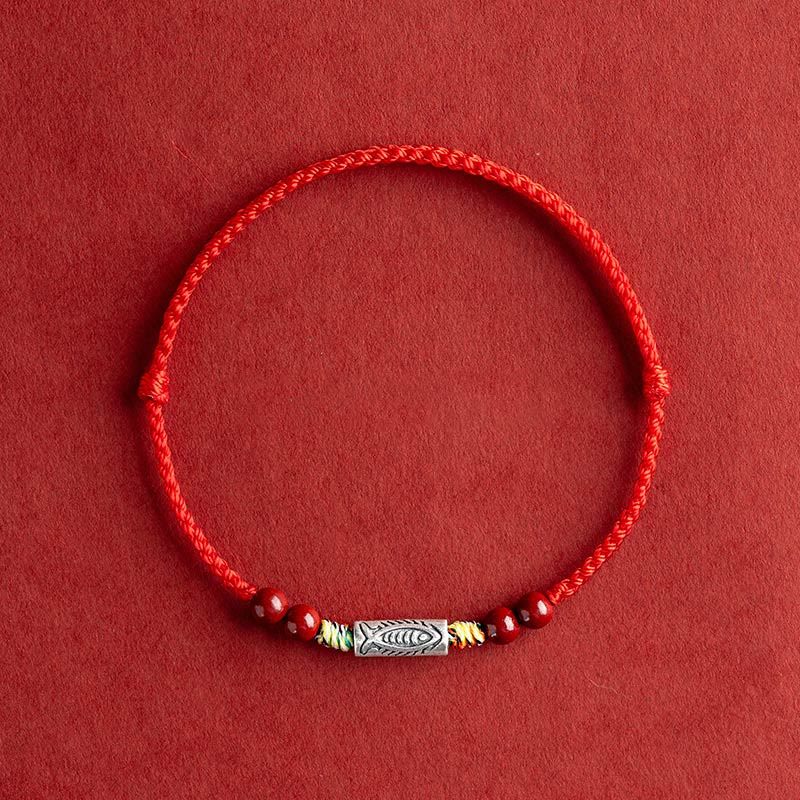 Buddha Stones 925 Sterling Silver Koi Fish Cinnabar Bead Wealth Handcrafted Braided Bracelet Anklet Bracelet Anklet BS Anklet(Circumference 17-30cm) Red Rope