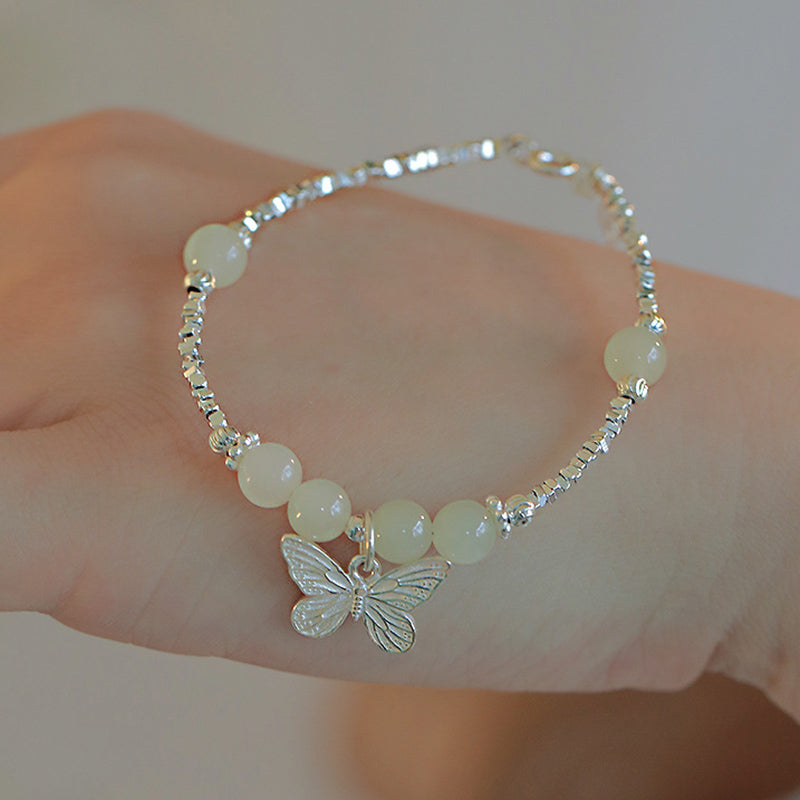 Buddha Stones 925 Sterling Silver Natural Hetian Jade Luck Butterfly Charm Bracelet Bracelet BS 2
