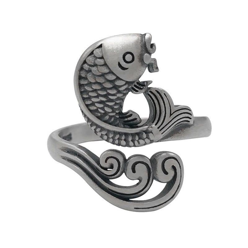 Buddha Stones 925 Sterling Silver Koi Fish Water Ripple Luck Wealth Ring Ring BS 14