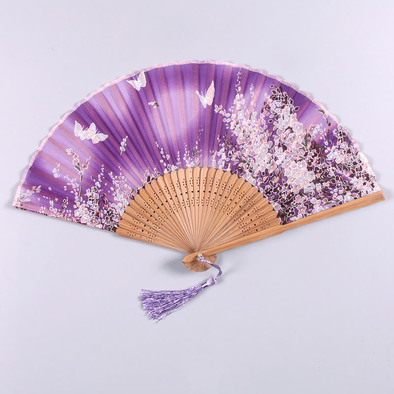 Buddha Stones Butterfly Flowers Handheld Silk Bamboo Folding Fan
