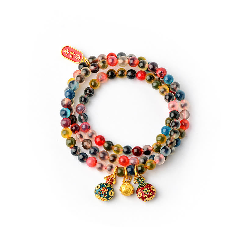Buddha Stones Colorful Candy Agate Gold Swallowing Beast Family Strength Charm Triple Wrap Bracelet Bracelet BS 9