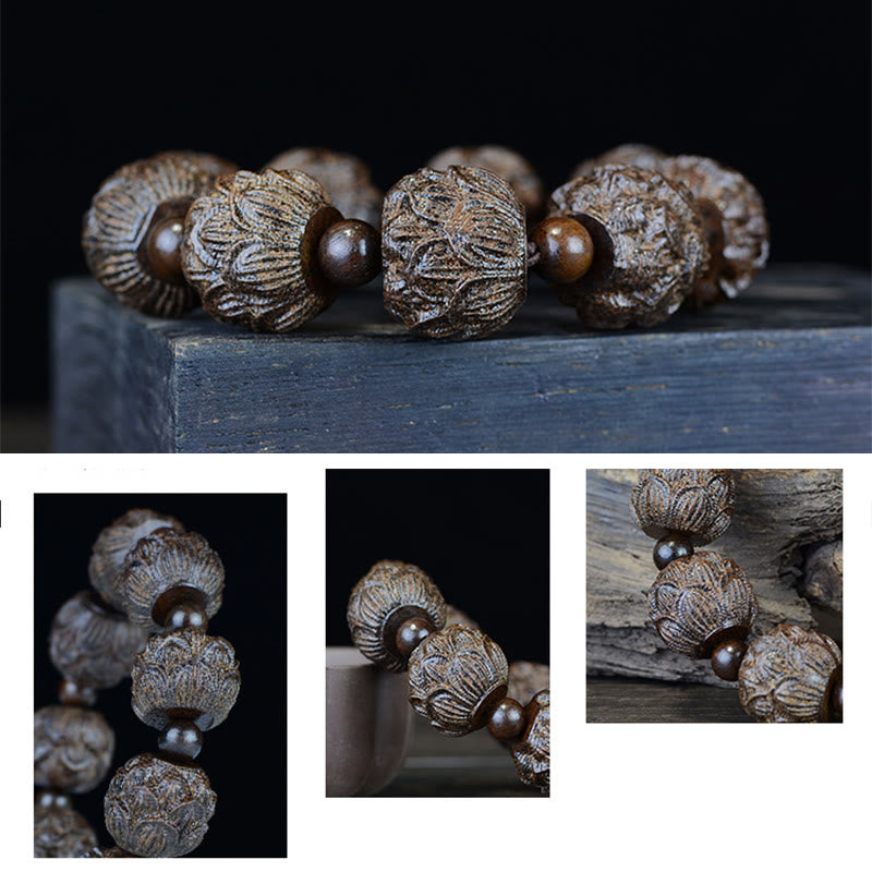 Buddha Stones Ebony Wood Eighteen Arhats Lotus Dragon Engraved Balance Bracelet Bracelet BS 10