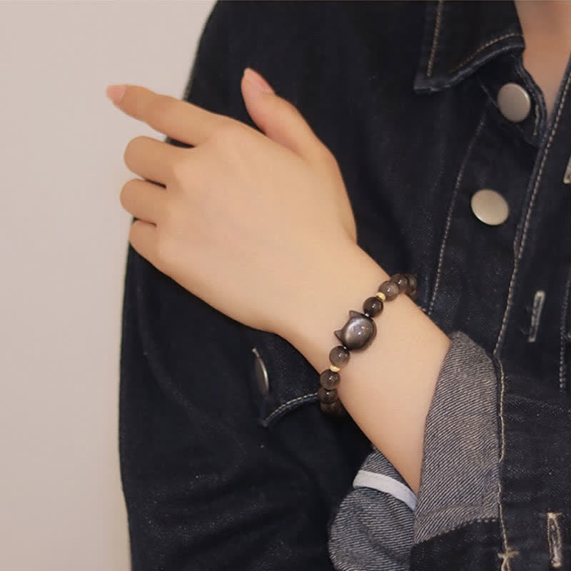 Foviel Gold Sheen Obsidian Silver Sheen Obsidian Lovely Paw Lucky Cat Protection Bracelet
