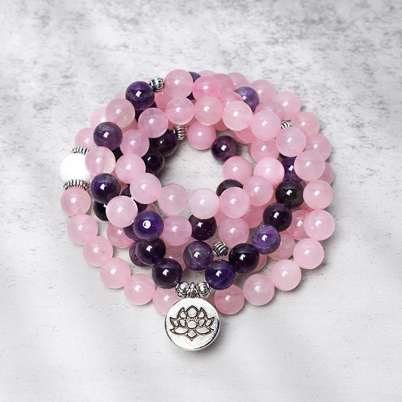 Buddha Stones Natural Rose Quartz & Amethyst Mala Bead Lotus Pendant Bracelet - image 1