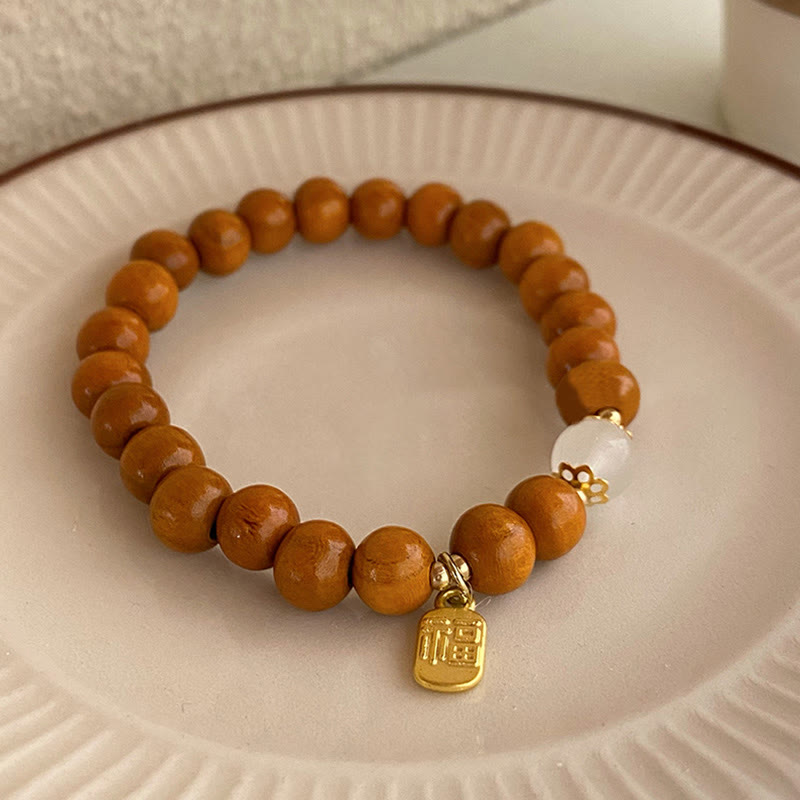 Buddha Stones Sandalwood Cat's Eye Fu Character Charm Protection Bracelet Bracelet BS Sandalwood Fu Character