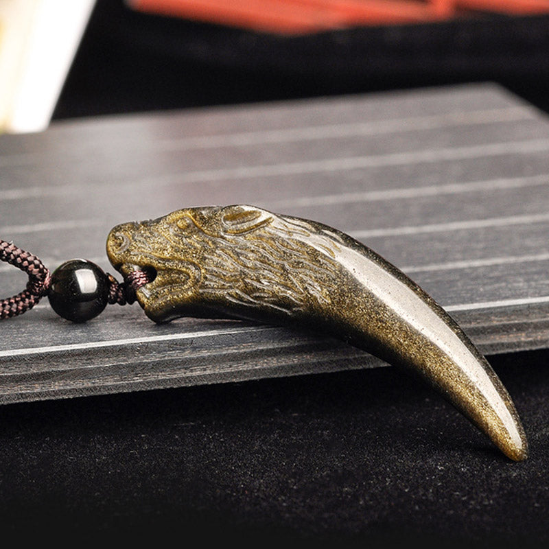 Buddha Stones Natural Black Obsidian Ice Obsidian Rainbow Obsidian Wolf Tooth Pattern Strength Necklace Pendant Necklaces & Pendants BS 21