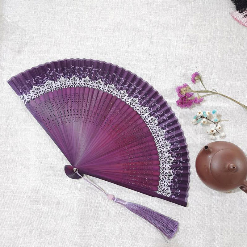 Buddha Stones Simple Hollow Engraved Handheld Bamboo Folding Fan Folding Fan BS Purple 22cm
