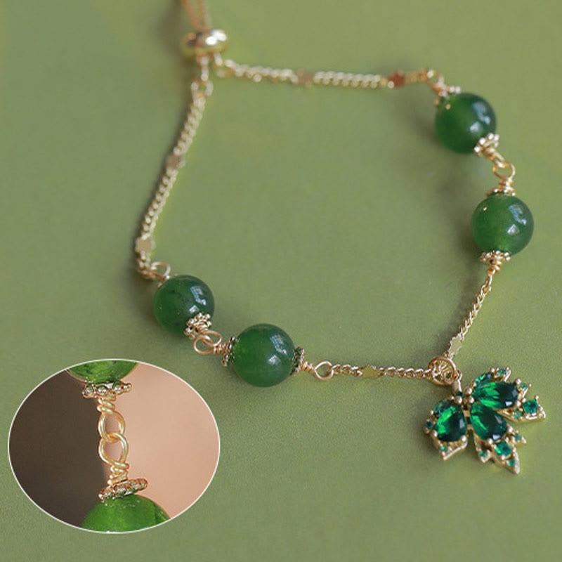 Buddha Stones 14k Gold Plated Green Chalcedony Maple Leaf Courage Strength Bracelet Bracelet BS 7