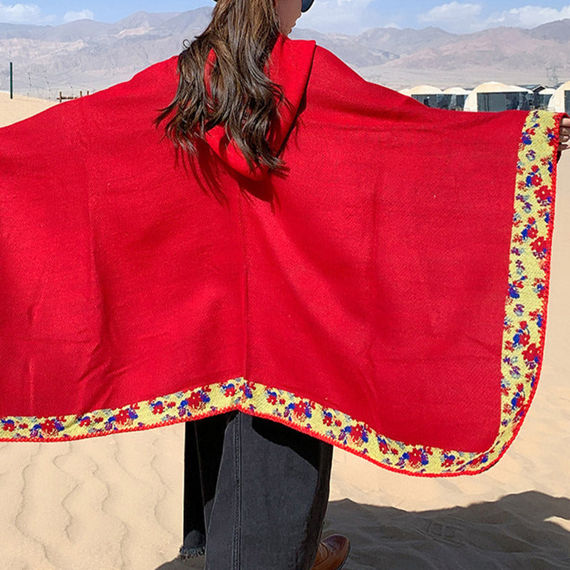 Buddha Stones Tibetan Shawl Border Small Floral Flower Hooded Cloak Winter Cozy Travel Scarf Wrap Tibetan Shawl BS 33