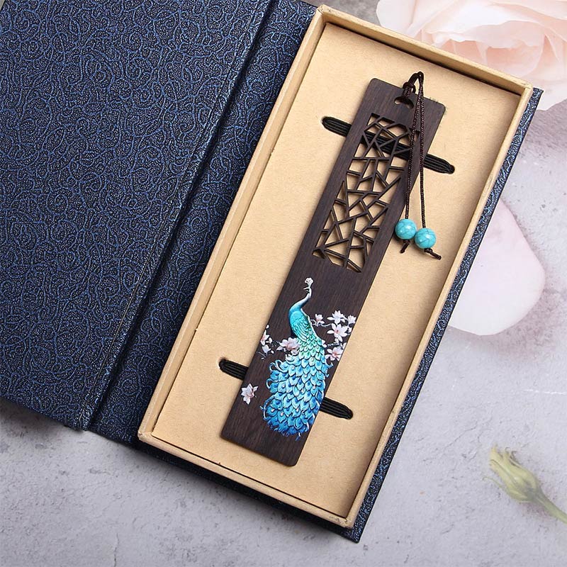 Buddha Stones Blue Peacock Ebony Wood Bookmarks With Gift Box Bookmarks BS 1