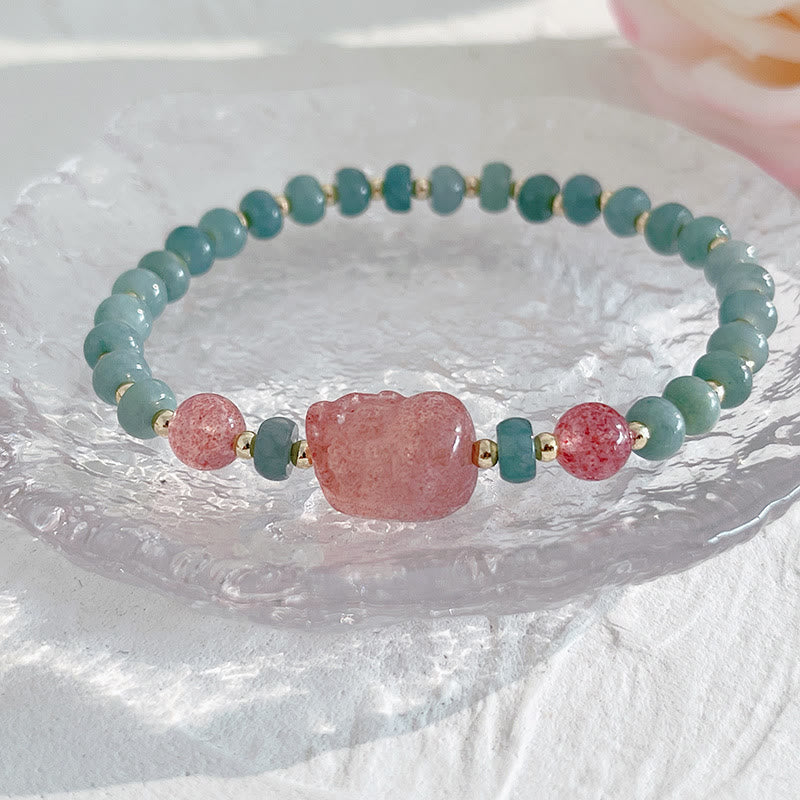 Buddha Stones Natural Hetian Jade Pearl Peace Buckle Fu Character Gourd Money Bag Strawberry Quartz PiXiu Luck Bracelet Bracelet BS 13