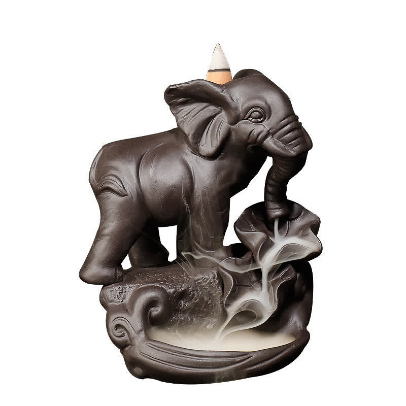 Buddha Stones Tibetan Elephant Purple Clay Backflow Smoke Fountain Peace Healing Incense Burner Decoration Incense Burner BS 7