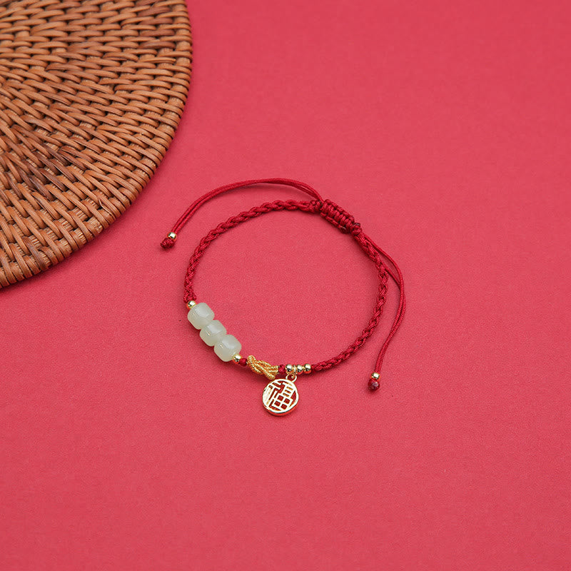 Buddha Stones Handcrafted Jade Bead Fu Character Charm Luck Red Rope Bracelet Bracelet BS 3