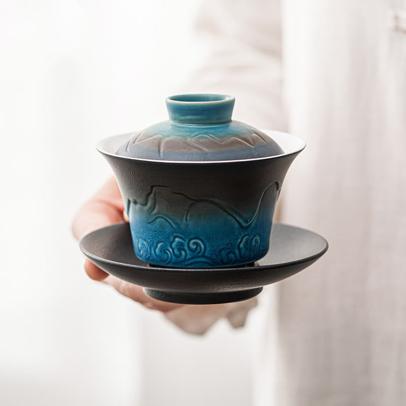 Buddha Stones Retro Blue Ocean Sea Waves Gradient Ceramic Gaiwan Sancai Teacup Kung Fu Tea Cup And Saucer With Lid Cup BS Blue Black Gradient 11.3*9.3cm*120ml
