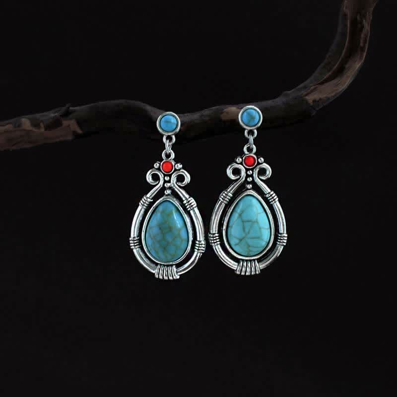 Buddha Stones Tibet Vintage Turquoise Waterdrop Strength Drop Dangle Earrings Clips Earrings BS Earrings