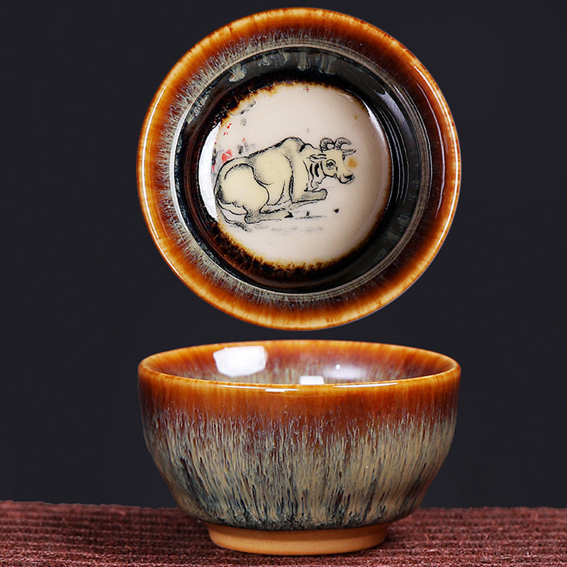 Buddha Stones 12 Chinese Zodiac Pattern Ceramic Teacup Kung Fu Jian Chinese Zhan Tea Cup 73ml Jian Zhan Tea Cup BS Ox 6.8cm*3.6cm*73ml