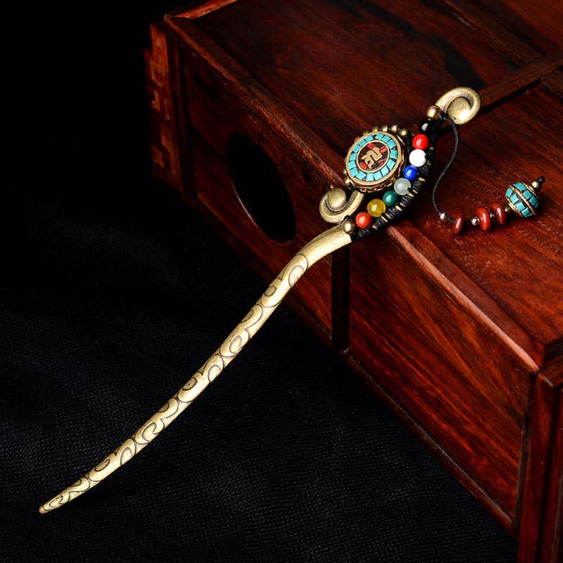 Buddha Stones Tibetan Turquoise Agate Protection Hairpin Decorations Hairpin BS Turquoise&Agate