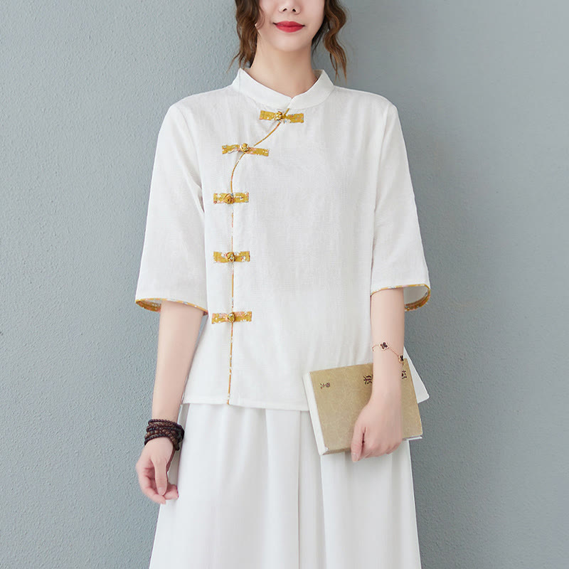 Buddha Stones Floral Pattern Frog-Button Half Sleeve Cotton Linen Shirt Women's Shirts BS White 2XL(Fit for US8-10; UK/AU12-14; EU40-42)