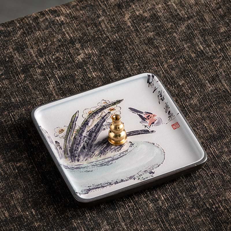 Buddha Stones Mountain Lake Flower Leaf Healing Ceramic Plate Tray Stick Incense Burner Decoration Incense Burner BS Bird Flowerpot 10.2*10.2*1.2cm