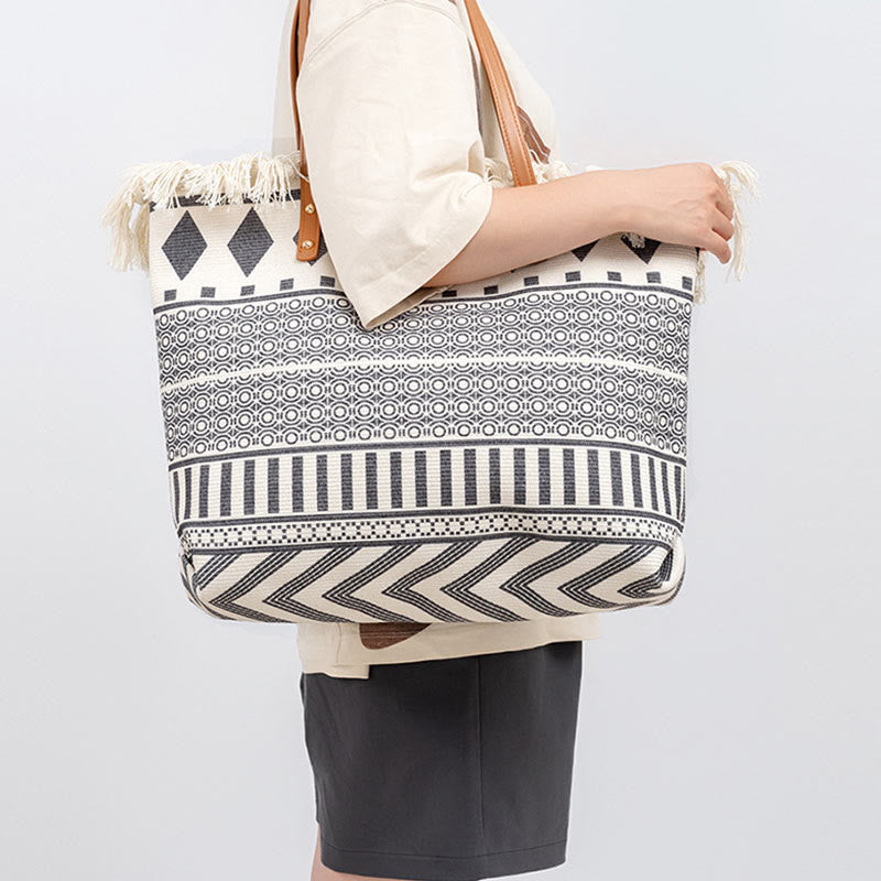 Buddha Stones Large Capacity Boho Geometry Print Tassel Canvas Tote Shoulder Bag Shoulder Bag BS 12