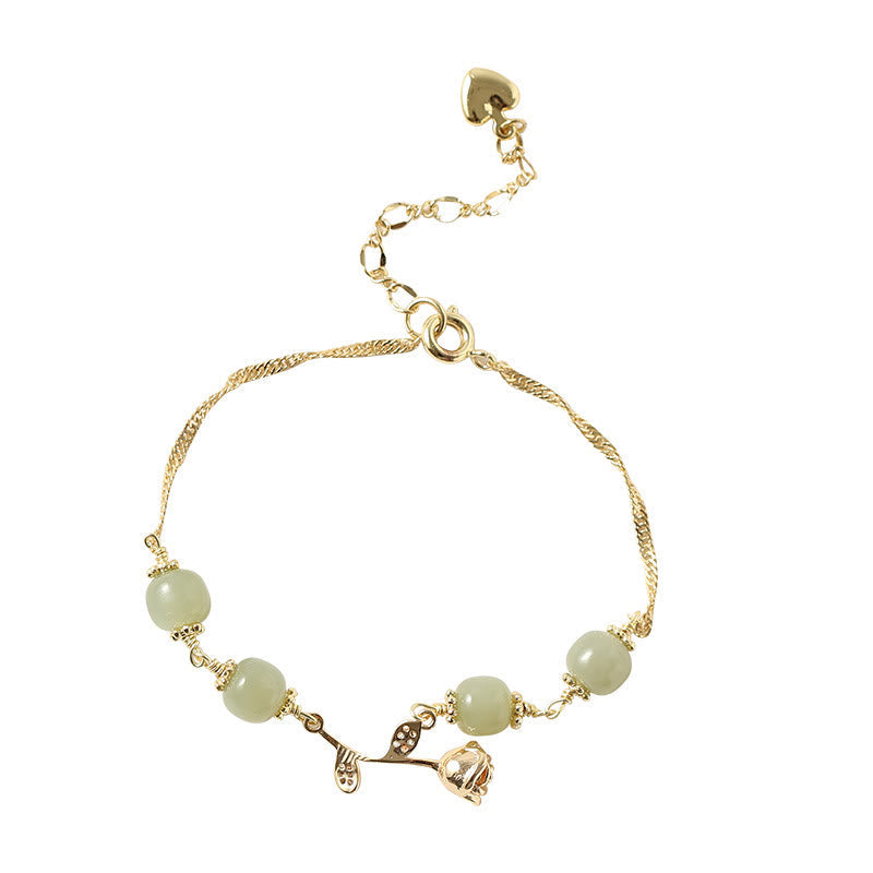 Buddha Stones 14K Gold Plated Hetian Jade Golden Rose Flower Luck Chain Bracelet Bracelet BS 11