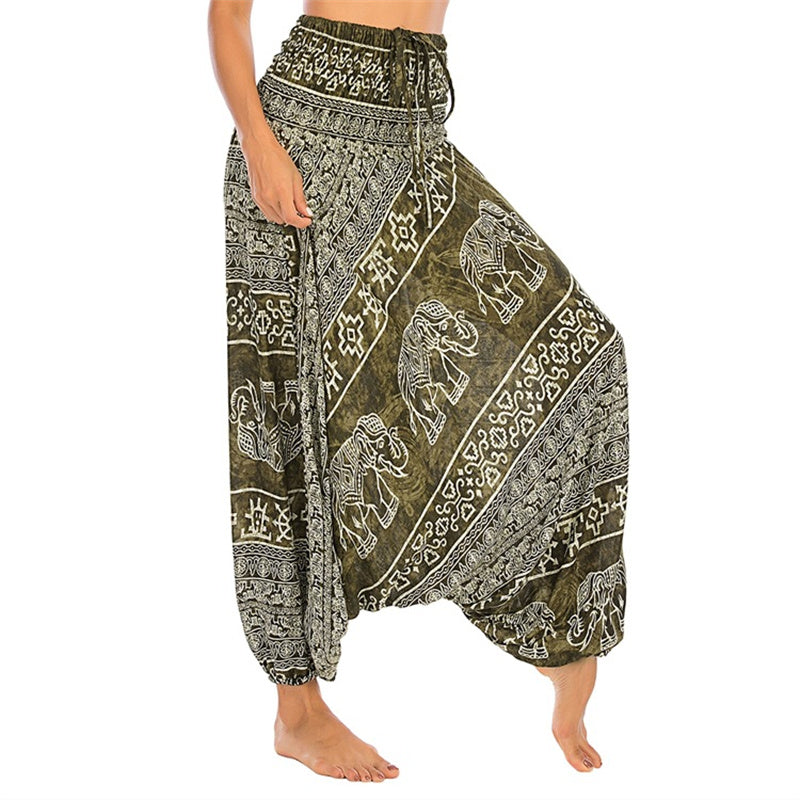 Buddha Stones Two Style Wear Elephant Pattern Loose Smocked Harem Trousers Jumpsuit Women's Yoga Pants Harem Pants&Bodysuit BS Green Elephant(Waist 60-100cm)