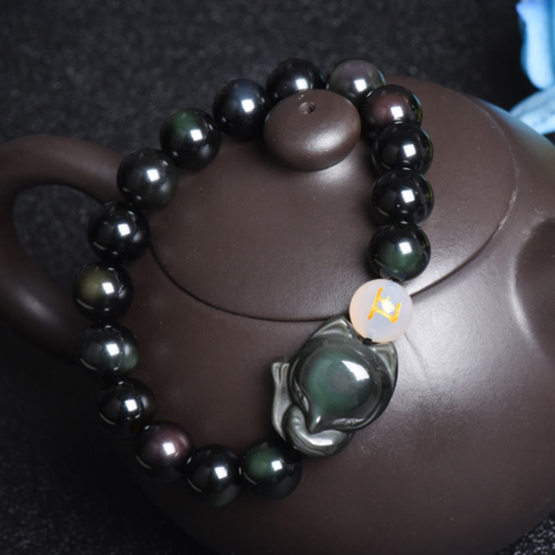Buddha Stones Natural Rainbow Obsidian Gold Sheen Obsidian Silver Sheen Obsidian Fox Healing Bracelet Bracelet BS 1