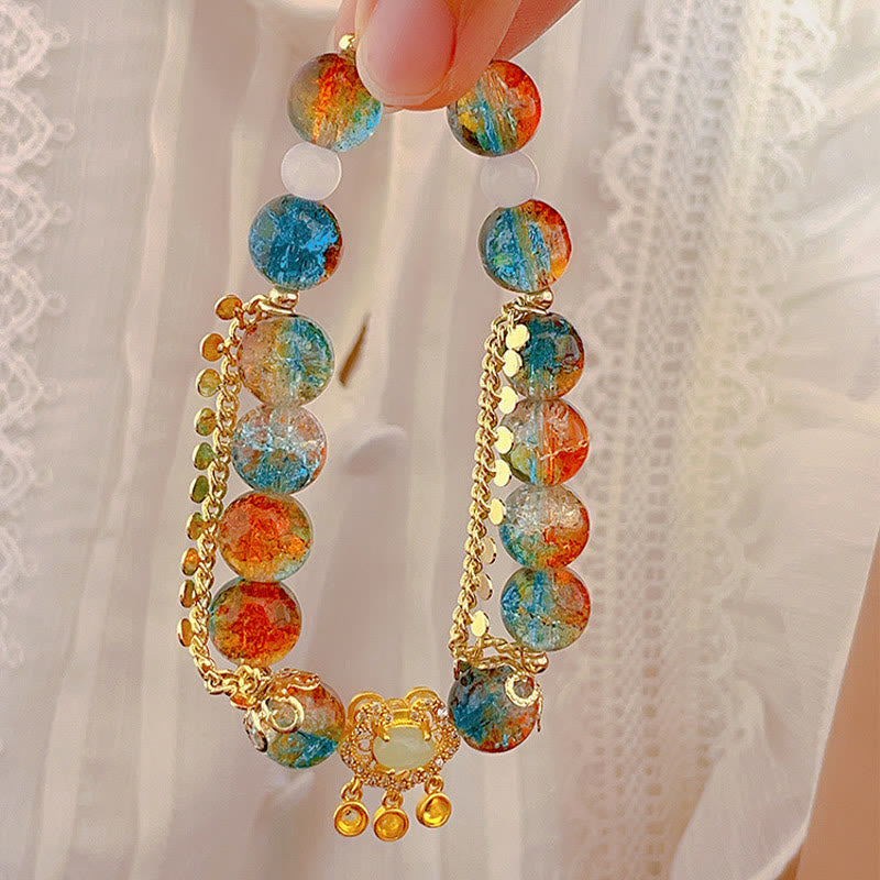 Buddha Stones Colorful Liuli Glass Bead Chinese Lock Charm Fortune Bracelet Bracelet BS 1