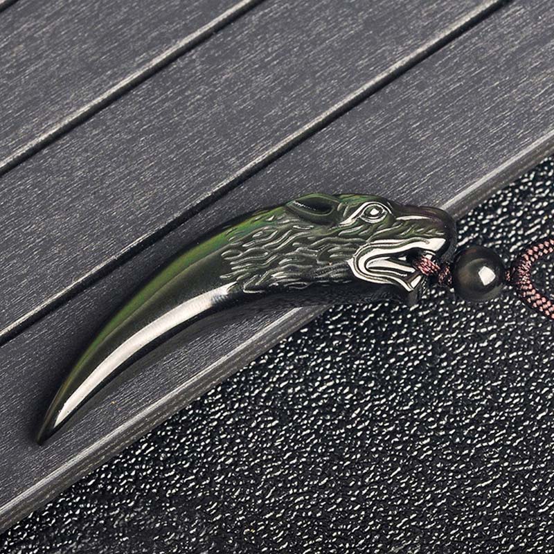 Buddha Stones Natural Black Obsidian Ice Obsidian Rainbow Obsidian Wolf Tooth Pattern Strength Necklace Pendant Necklaces & Pendants BS 14