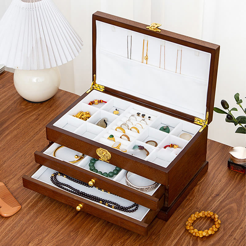 Buddha Stones Retro Wooden Jewelry Box Three-Layer Jewelry Storage Box Jewelry Box BS 15