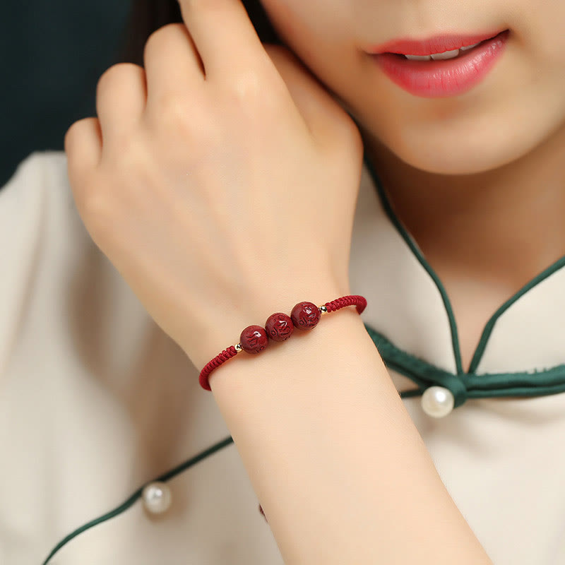 Buddha Stones Handmade Cinnabar Om Mani Padme Hum Engraved Beads Blessing Braided Bracelet Bracelet BS 1