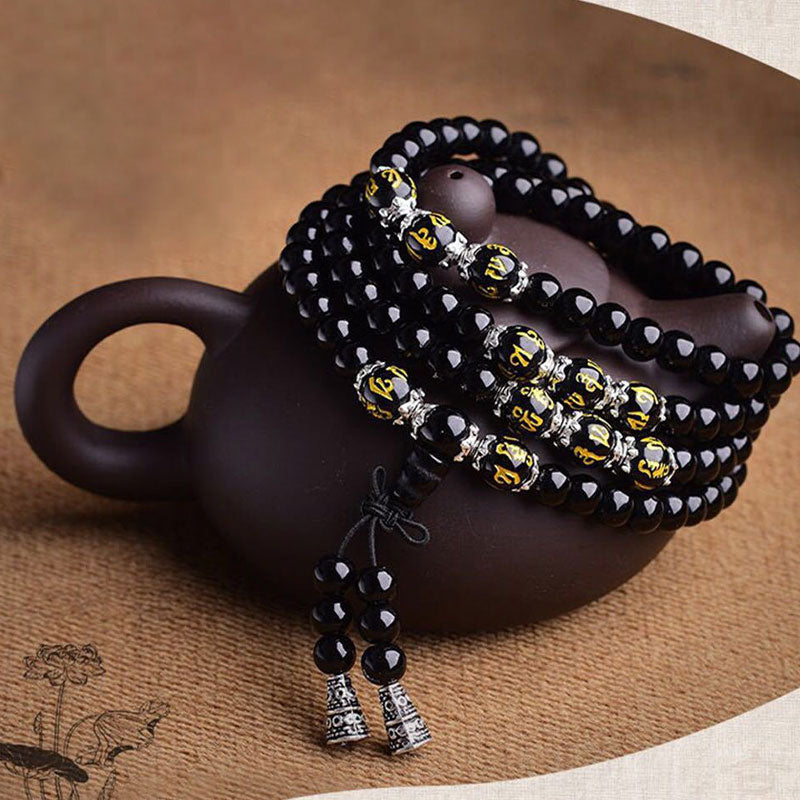 Buddha Stones Black Obsidian Six True Words Protection Mala Bracelet Mala Bracelet BS 5