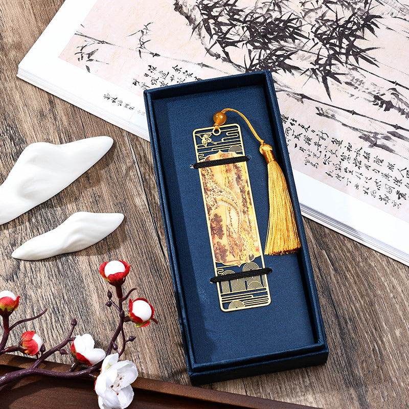 Buddha Stones A Panorama of Rivers and Mountains Metal Hollow Bookmarks Tassel With Gift Box Bookmarks BS Along the River During the Qingming Festival
