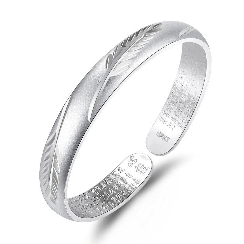 Buddha Stones Feather Heart Sutra Engraved Pattern Wealth Copper Cuff Bracelet Bangle Bracelet Bangle BS Silver Feather