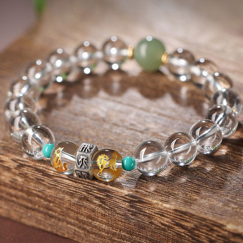 Buddha Stones 925 Sterling Silver Chinese Zodiac Natal Buddha Auspicious Groups White Crystal Hetian Jade Healing Bracelet Bracelet BS 2