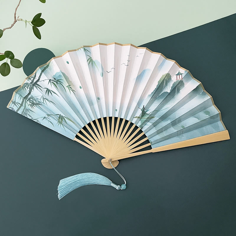 Buddha Stones Retro Lotus Flower Leaf Mountain Lake Handheld Folding Fan With Bamboo Frames Folding Fan BS Mountain Bamboo Lake Beige Bamboo Frames