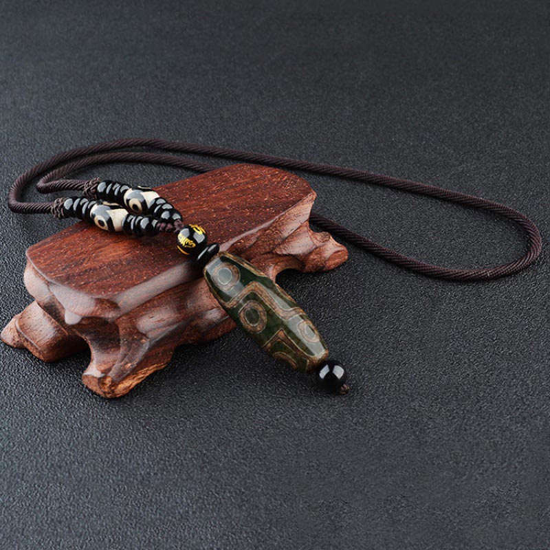 Buddha Stones Nine-Eye Dzi Bead Wealth Protection Necklace Necklaces & Pendants BS Dark Green Nine-Eye Dzi Bead