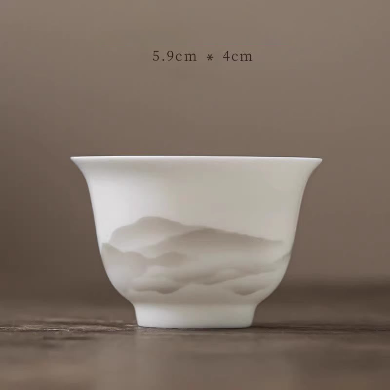 Buddha Stones Vintage Ink Painting Mountain White Porcelain Ceramic Gaiwan Sancai Teacup Kung Fu Tea Cup And Saucer With Lid Tea Utensil Teapot Cup BS Cup 5.9cm*4cm*50ml