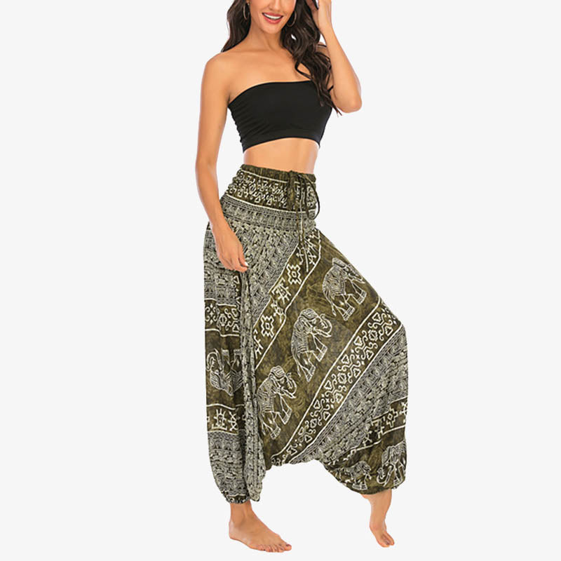 Buddha Stones Two Style Wear Elephant Pattern Loose Smocked Harem Trousers Jumpsuit Women's Yoga Pants Harem Pants&Bodysuit BS 11