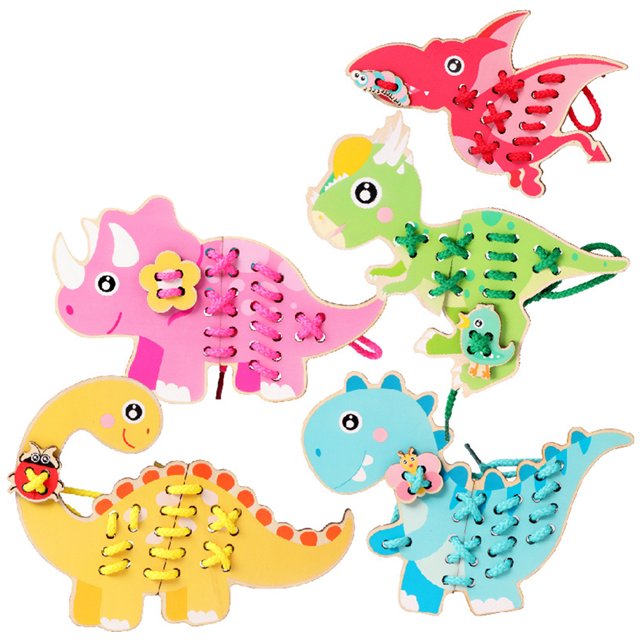 Fidtoy Wooden Dinosaur Threading Toy for Kids | Montessori Lacing Cards, Hand-Eye Coordination, Fine Motor Skills & Preschool Sewing Activity Toy Age 2-6