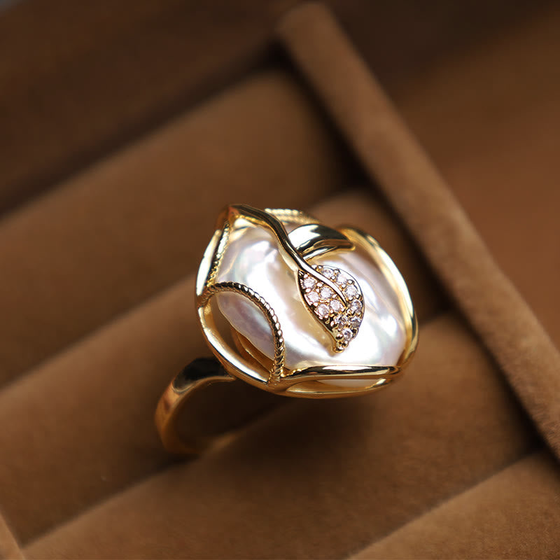 Buddha Stones Pearl Copper Plated Gold Flower Happiness Wealth Ring Ring BS White(Adjustable) With Box