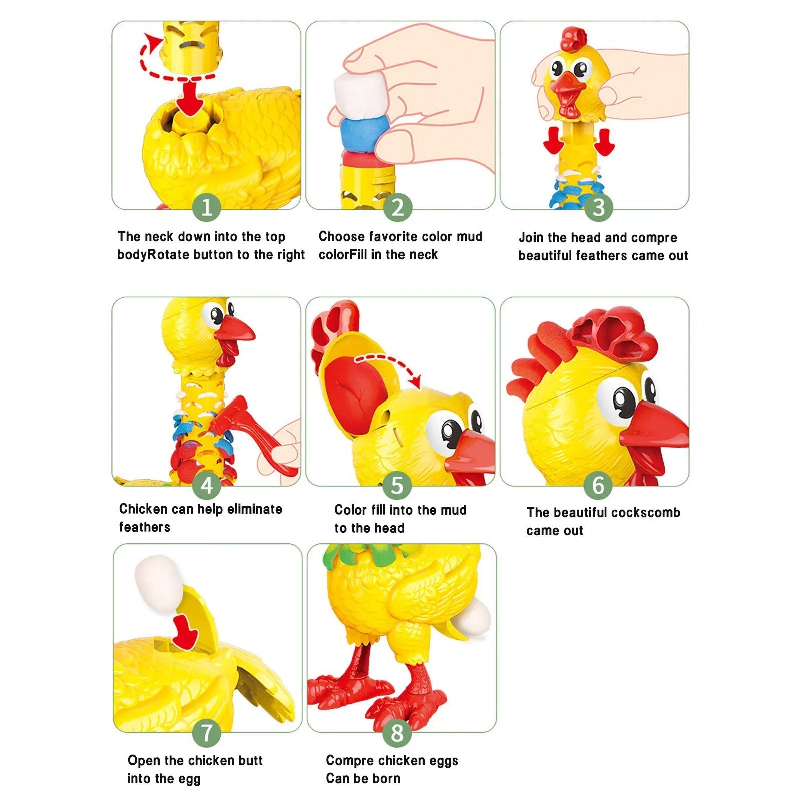 DIY Plumas Coloridas Gallina Masa para Jugar Ponedora de Huevos - 286